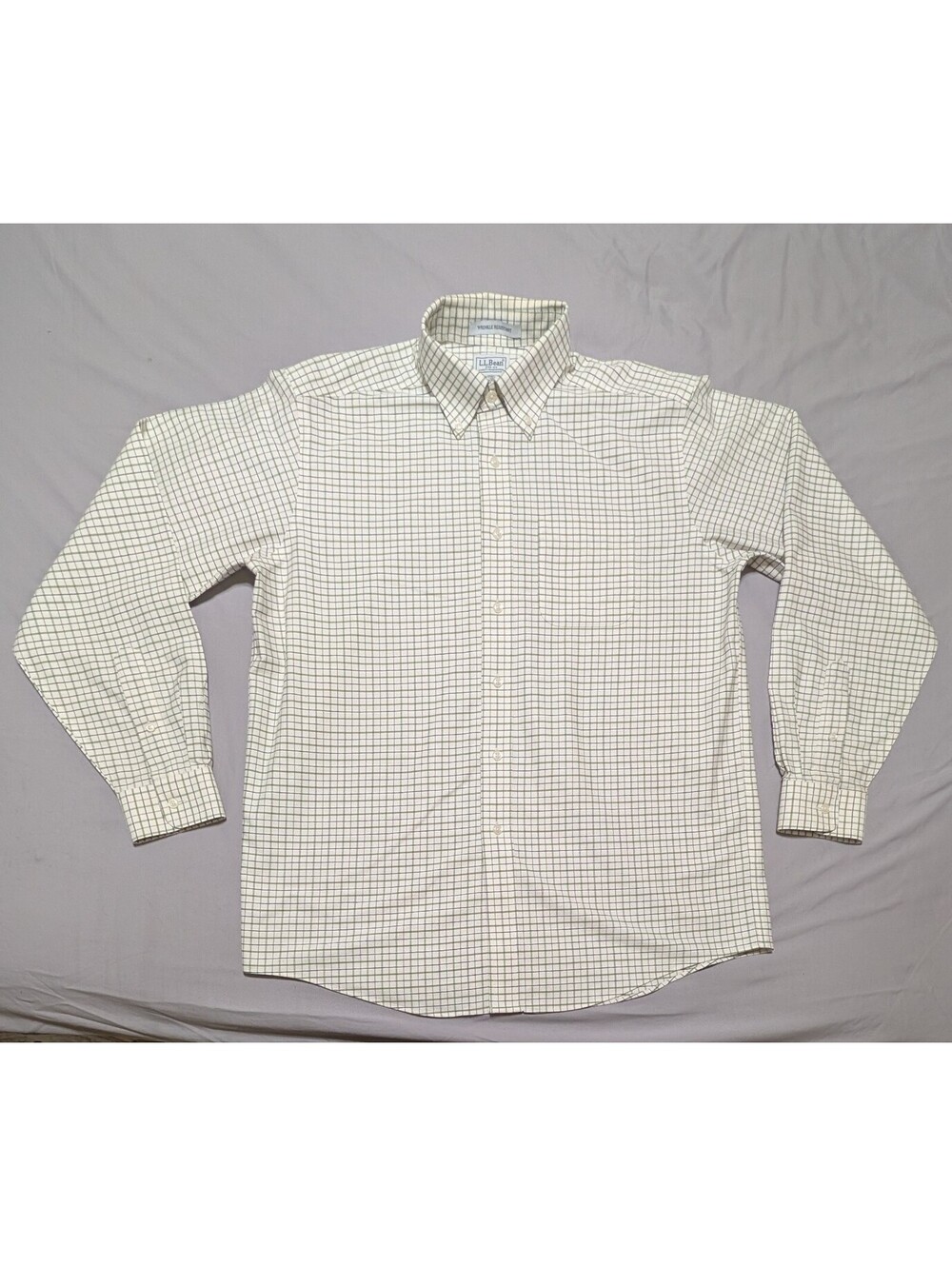 LL Bean Men's 16-35 Wrinkle Resistant Oxford Shirt White/Green Long Sleeve
